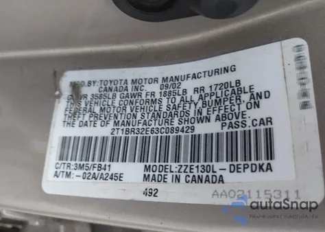 2003 Toyota Corolla Ce z USA, uszkodzony, nr VIN 2T1BR32E63C089429